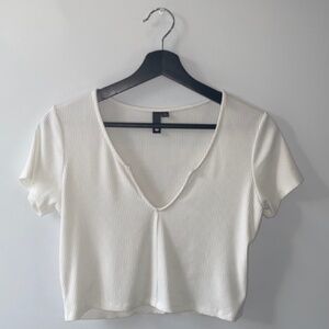 Garage Ribbed Notch Front White V-Neck Crop Top